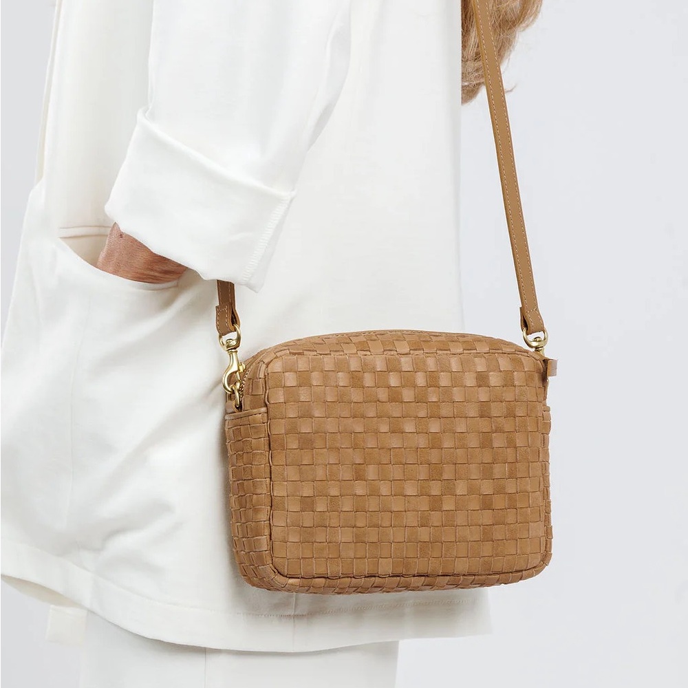 Clare V. Woven Midi Sac Crossbody Bag clay leather and suede